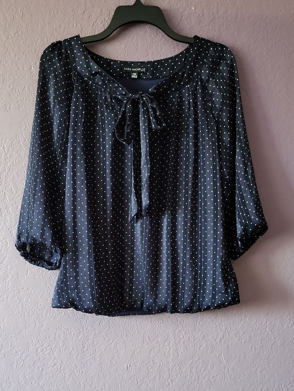 Sara Michelle  Navy and White Polka Dot Tie-Neck Blouse